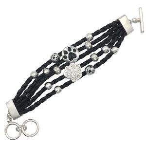 Paw Print Slide Charm Faux Leather Multi Row Toggle Bracelet